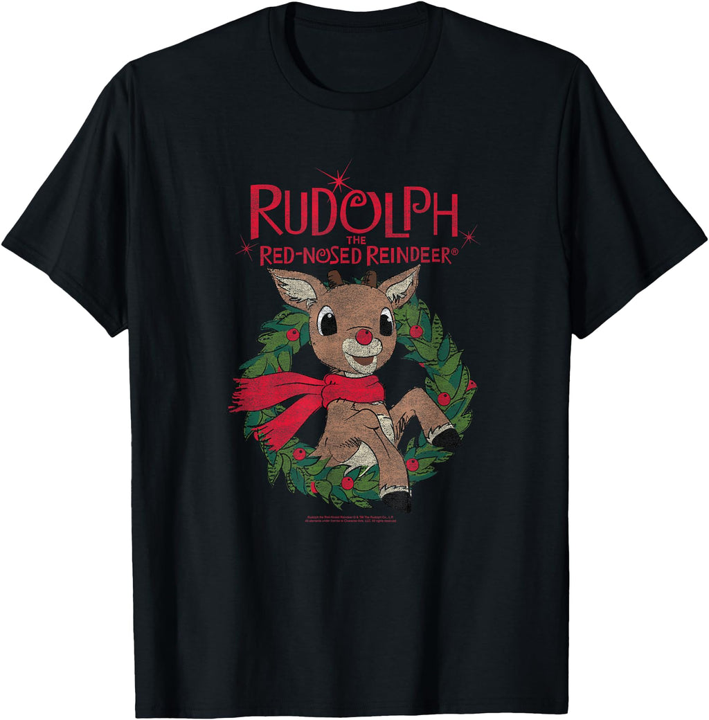 Rudolph Holiday Wreath Illustration T-Shirt - Novelty Apparel for Adults - T-Shirt, Sweatshirt, Hoodie