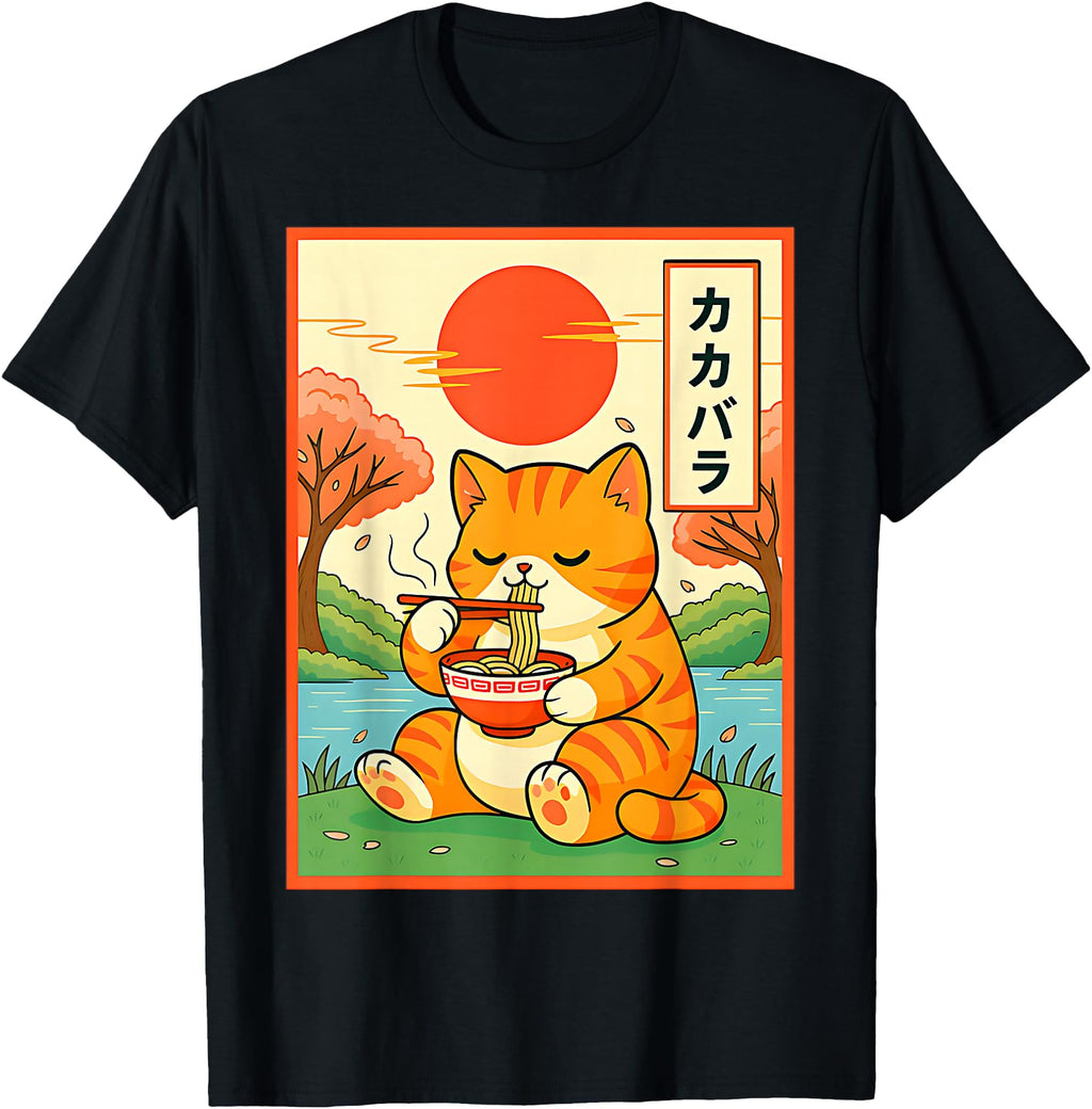 Kawaii Kitty Eating Ramen Anime Noodles T-Shirt - Aesthetic Graphic Unisex - T-Shirt, Sweatshirt, Hoodie