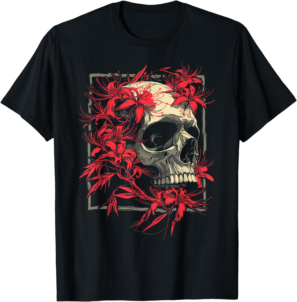 Red Spider Lily Flower Skull Skeleton Hoodie - Minimalist Print Men Women - T-Shirt, Sweatshirt, Hoodie