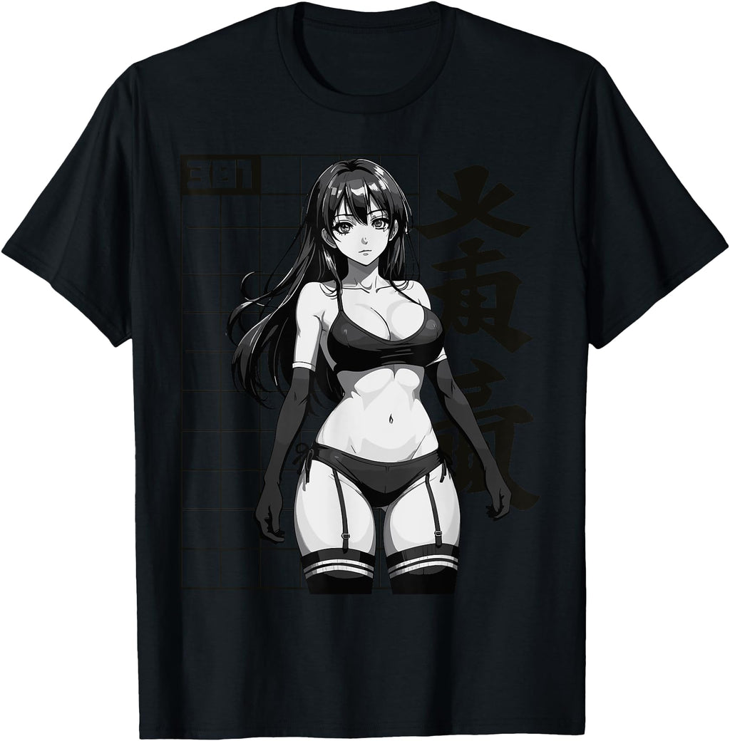 Sexy Waifu Otaku Anime Japanese Black T-Shirt - Custom Art Print Men Women - T-Shirt, Sweatshirt, Hoodie