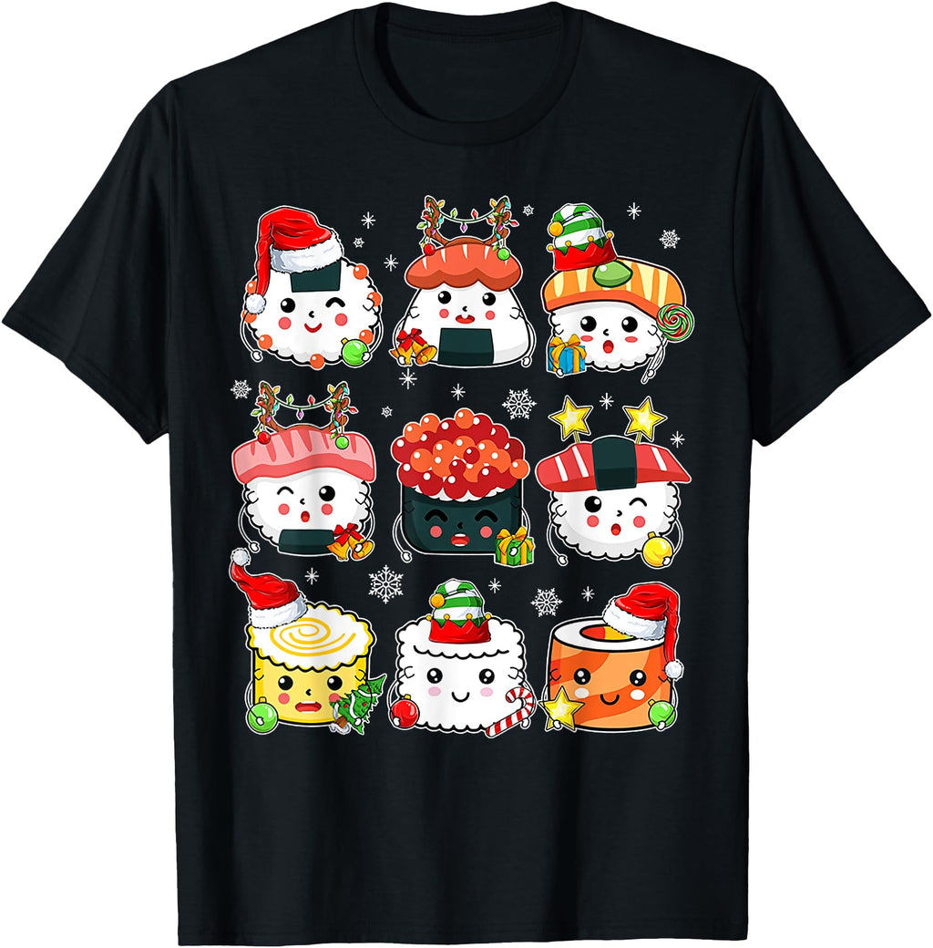 Kawaii Sushi Santa Hat Lights Japanese Hoodie - Unique Graphic Men Women - T-Shirt, Sweatshirt, Hoodie