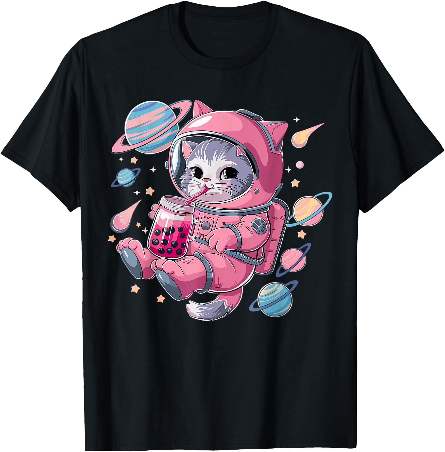 Kawaii Cat Bubble Tea Boba Tea Space T-Shirt - Custom Art Print for Adults - T-Shirt, Sweatshirt, Hoodie