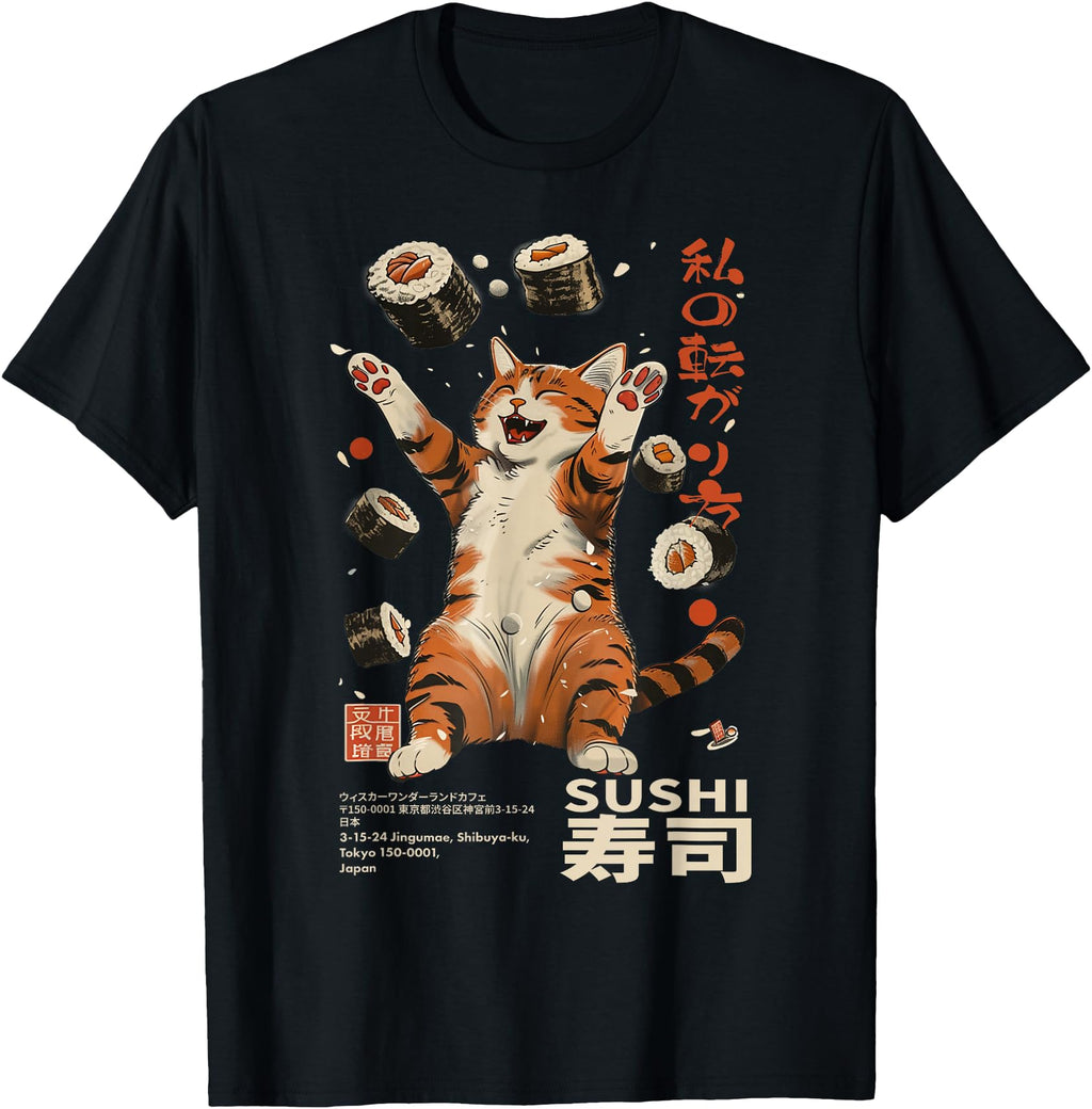 Handcrafted Sushi Cat Japanese Kawaii T-Shirt - Custom Art Print Unisex - T-Shirt, Sweatshirt, Hoodie