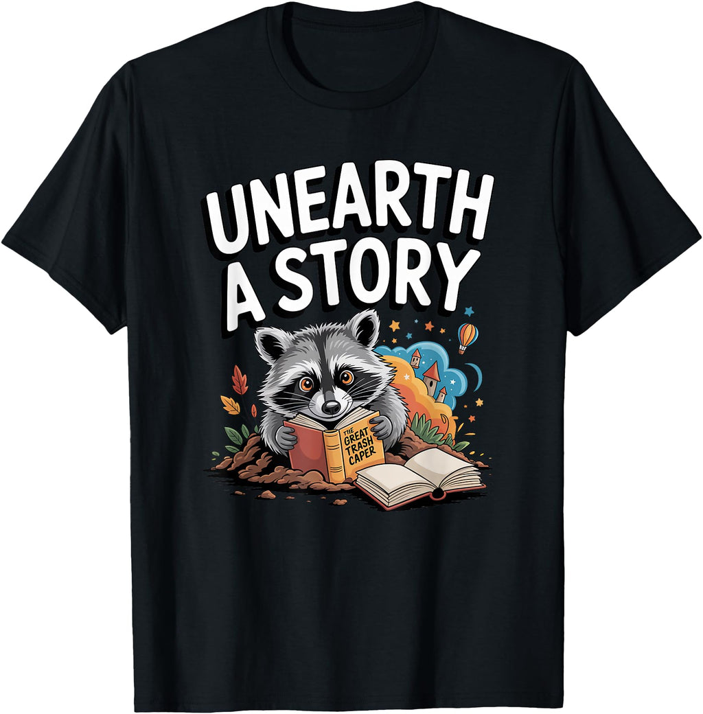 Unearth Story Reading Raccoon Artist T-Shirt - Minimalist Print Unisex - T-Shirt, Sweatshirt, Hoodie