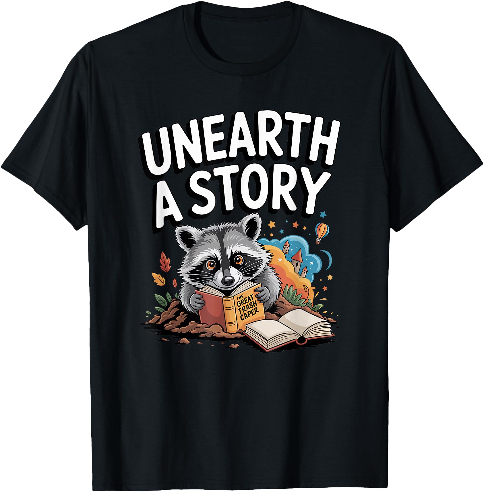 Unearth Story Reading Raccoon Artist T-Shirt - Minimalist Print Unisex - T-Shirt, Sweatshirt, Hoodie
