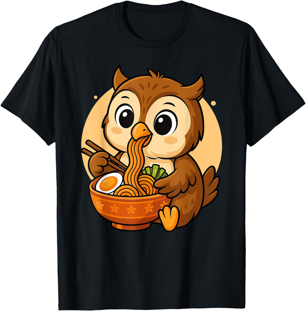 Kawaii Owl Eating Ramen Japanese Owl Hoodie - Fun Novelty Design Men Women - T-Shirt, Sweatshirt, Hoodie