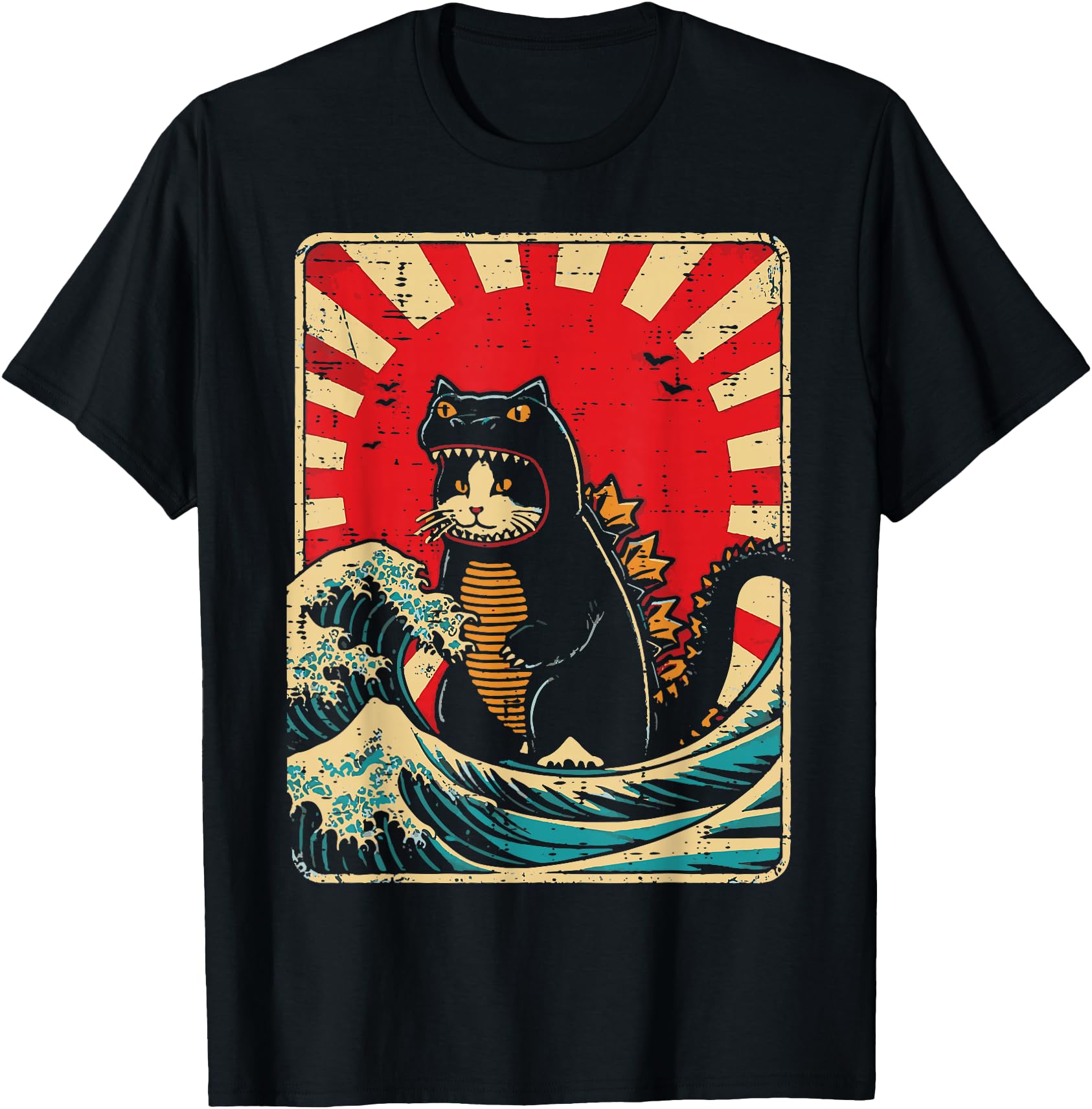 Handcrafted Cat Monster Waves Red Sun T-Shirt - Graphic Print for Adults - T-Shirt, Sweatshirt, Hoodie