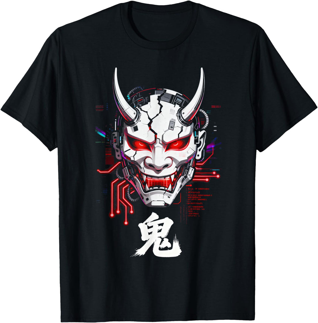 Handcrafted Cyberpunk Oni Mask Glitch T-Shirt - Graphic Print Unisex - T-Shirt, Sweatshirt, Hoodie