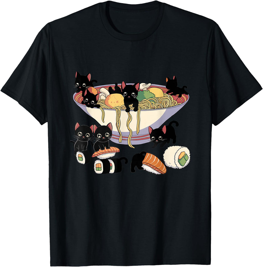 Cat Ramen Sushi Kitten Eating Noodles T-Shirt - Minimalist Print Men Women - T-Shirt, Sweatshirt, Hoodie