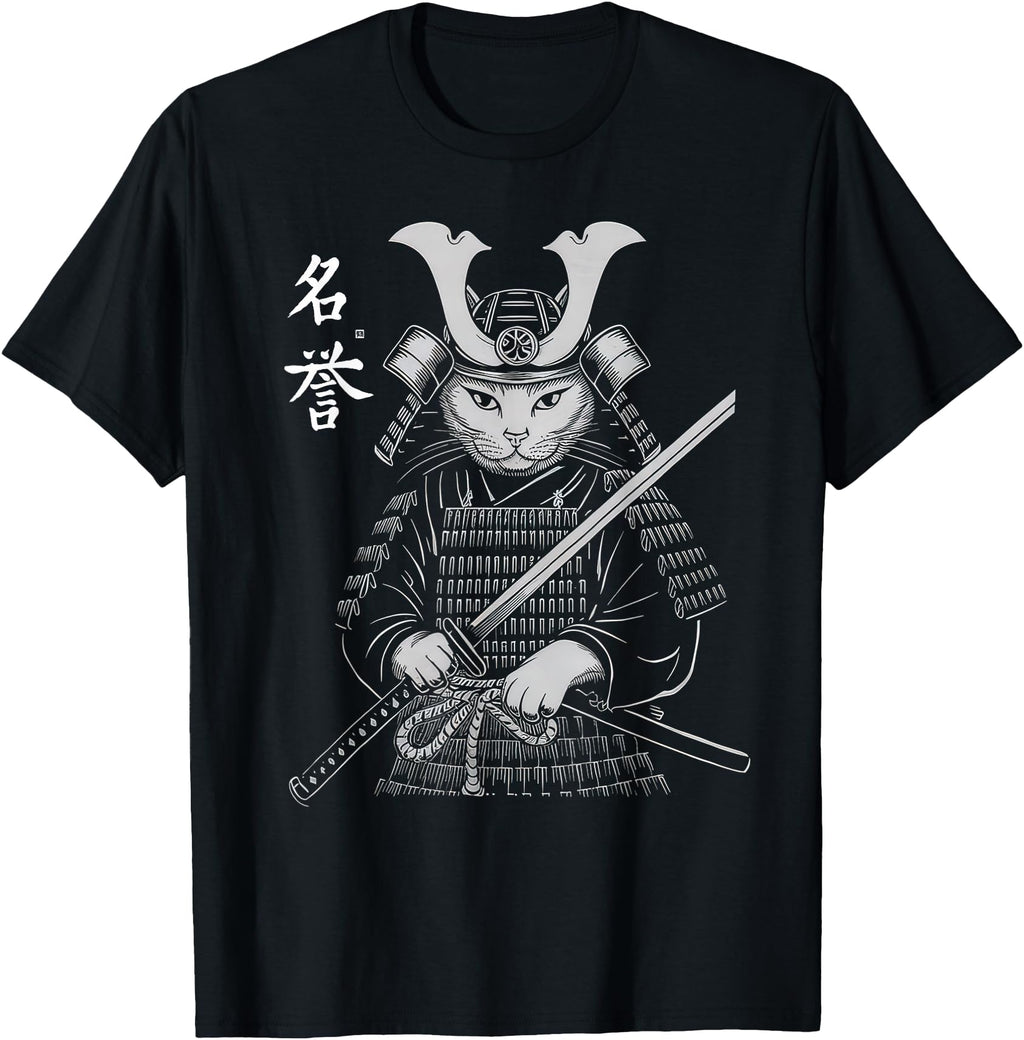 Samurai Cat Ukiyo E Warrior Kanji T-Shirt - Fun Novelty Design Men Women - T-Shirt, Sweatshirt, Hoodie