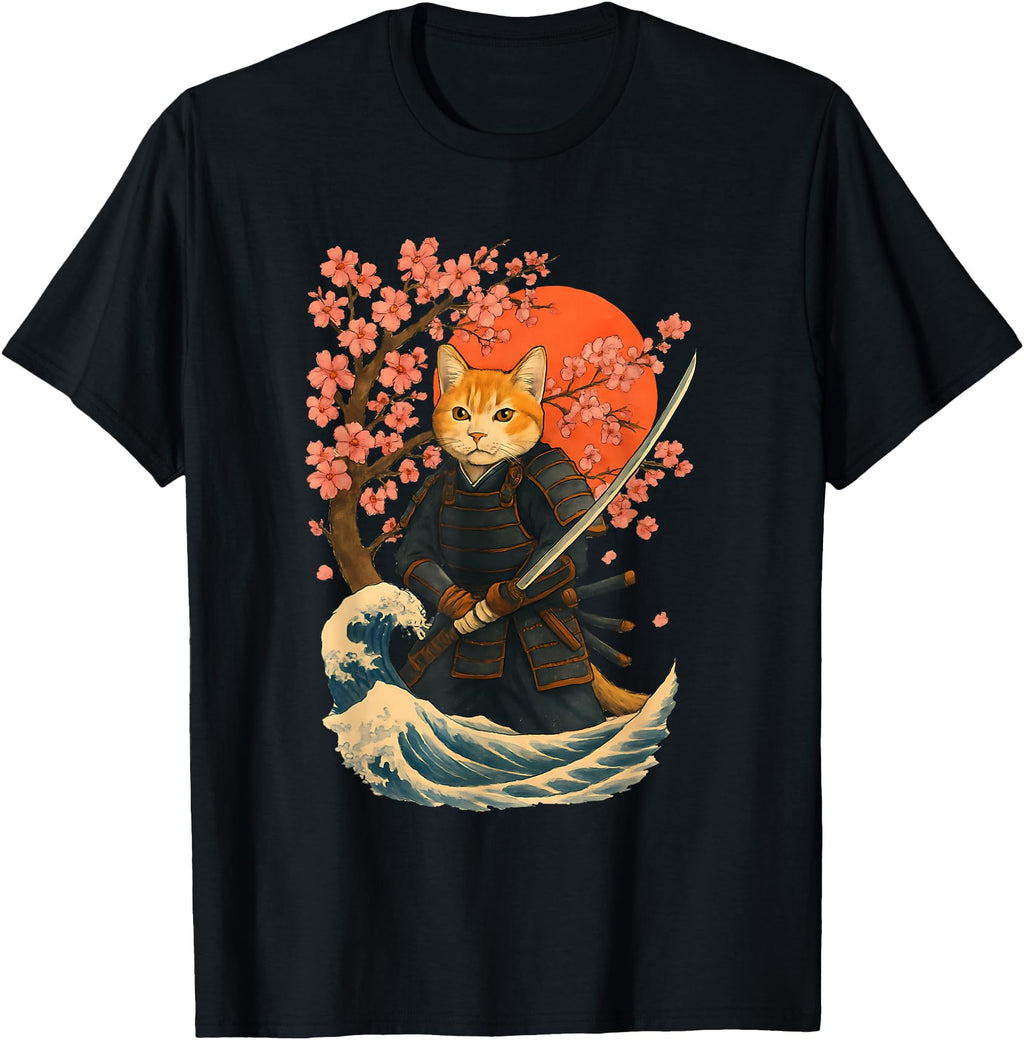 Samurai Cat Warrior Japanese Art T-Shirt - Fun Novelty Design for Adults - T-Shirt, Sweatshirt, Hoodie