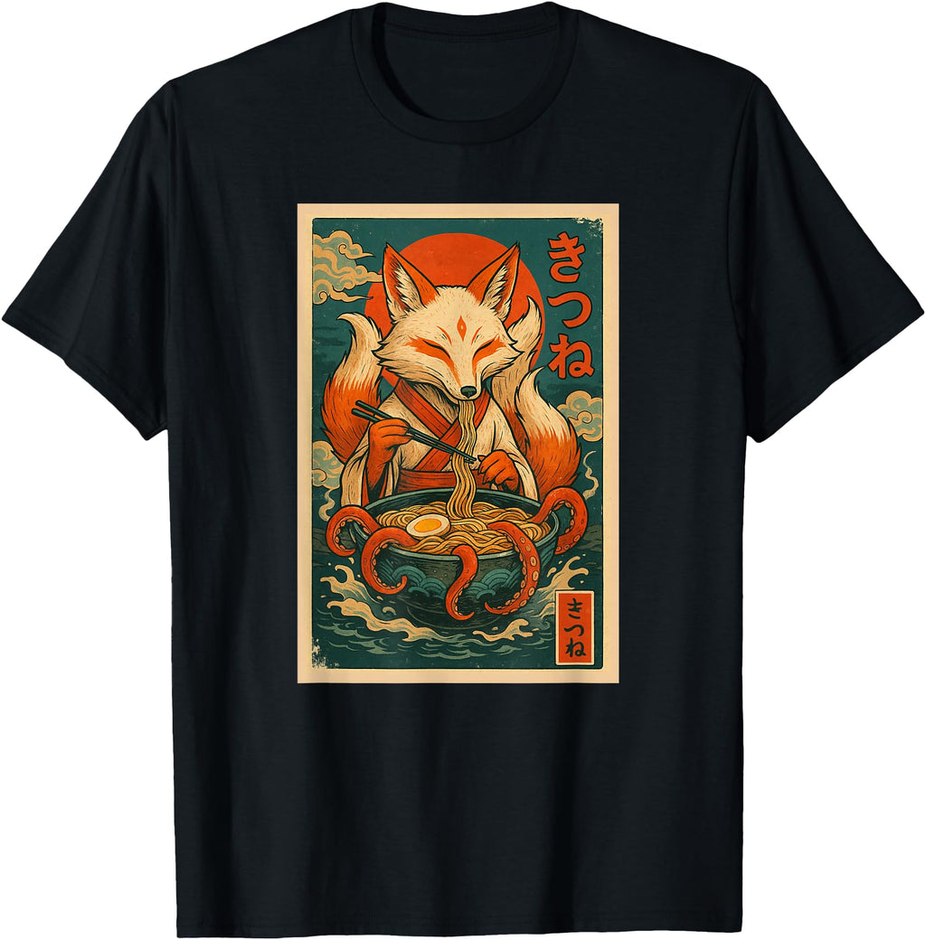 Kitsune Fox Eats Ramen Noodles Hoodie - Casual Everyday Wear Men Women - T-Shirt, Sweatshirt, Hoodie