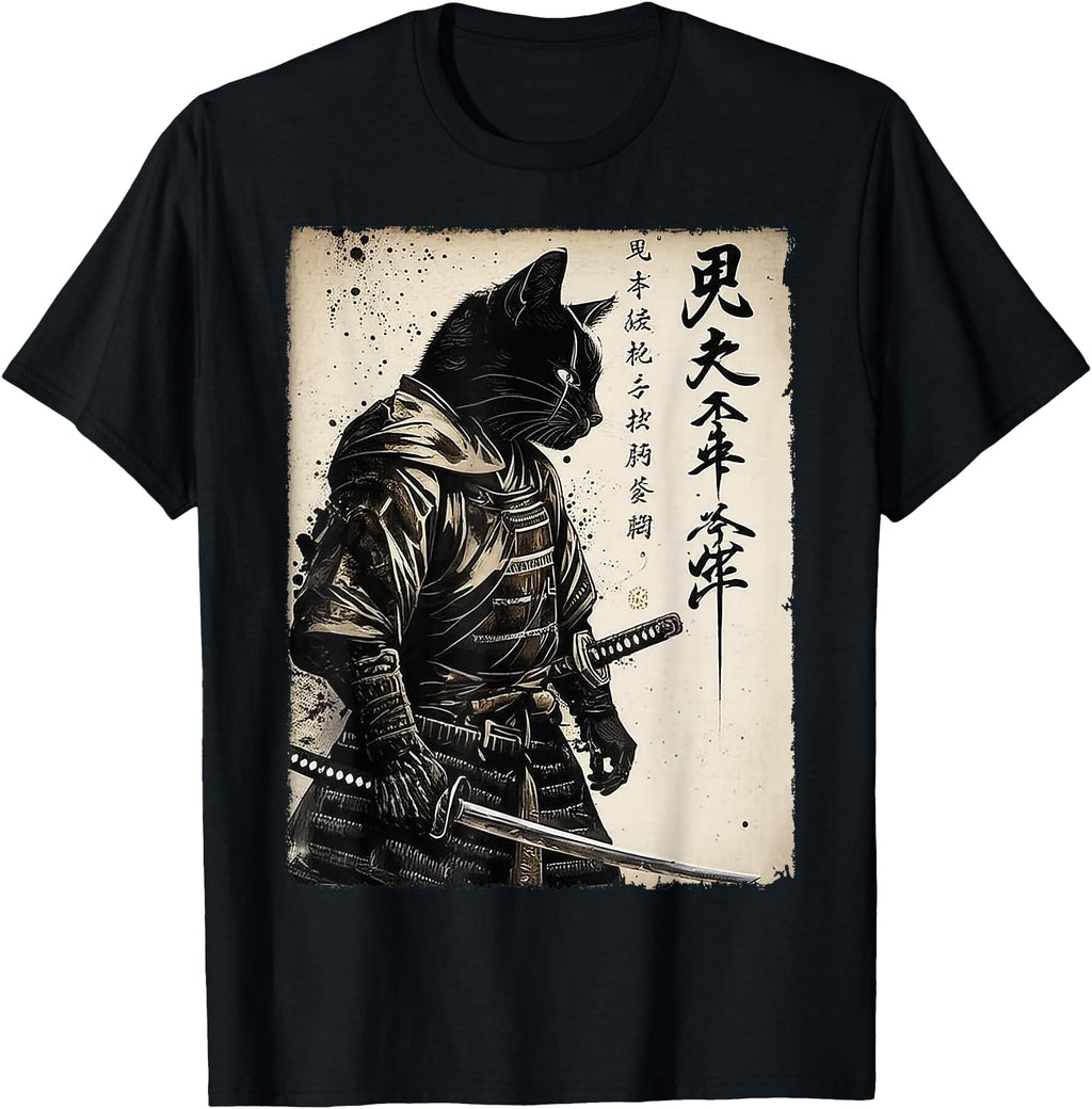 Samurai Cat Japanese Art Anime Gifts Hoodie - Minimalist Print Men Women - T-Shirt, Sweatshirt, Hoodie