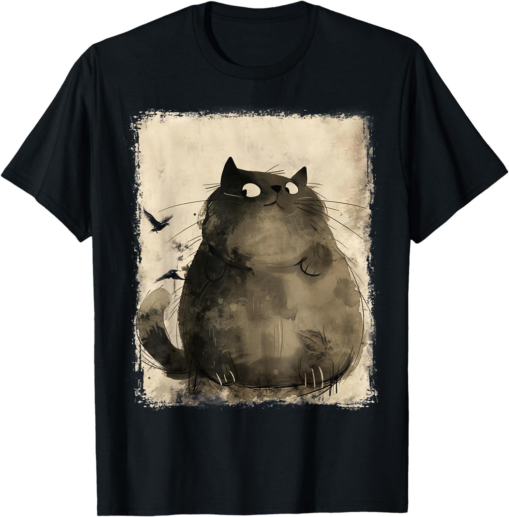 Handcrafted Japanese Fat Black Cat T-Shirt - Streetwear Style for Adults - T-Shirt, Sweatshirt, Hoodie