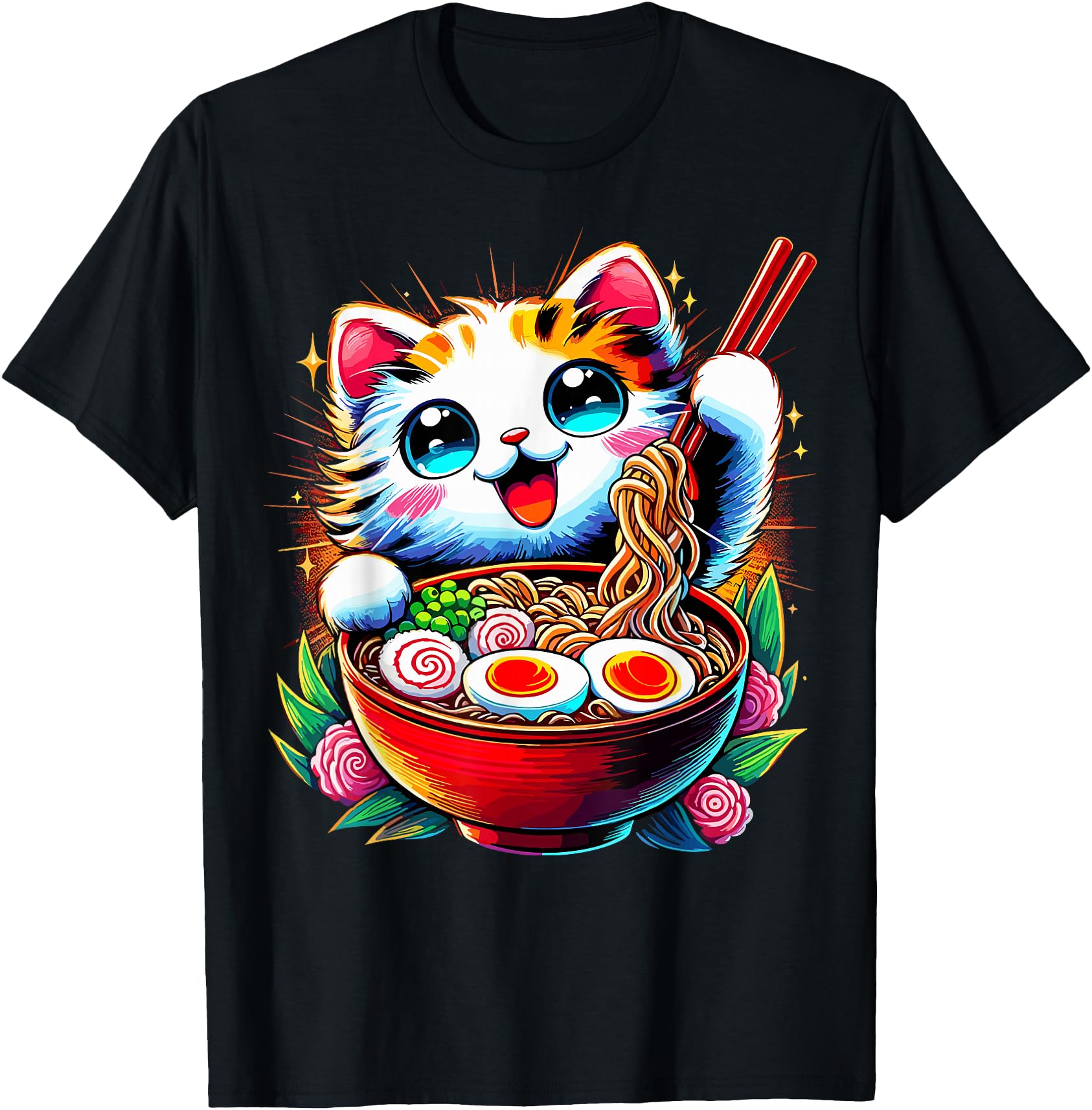 Kawaii Cat Eating Ramen Noodles Anime T-Shirt - Novelty Apparel Unisex - T-Shirt, Sweatshirt, Hoodie