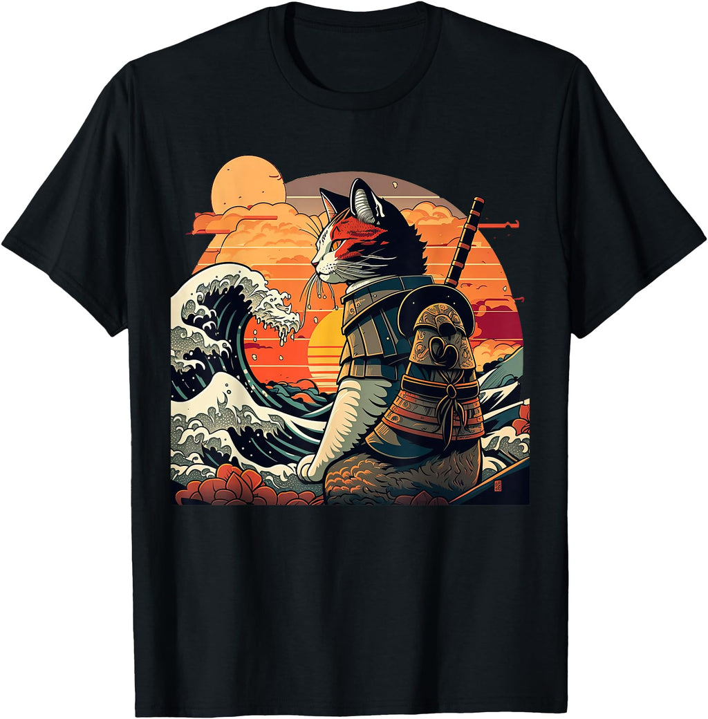 Japanese Samurai Cat Great Wave Hoodie - Custom Art Print Men Women - T-Shirt, Sweatshirt, Hoodie
