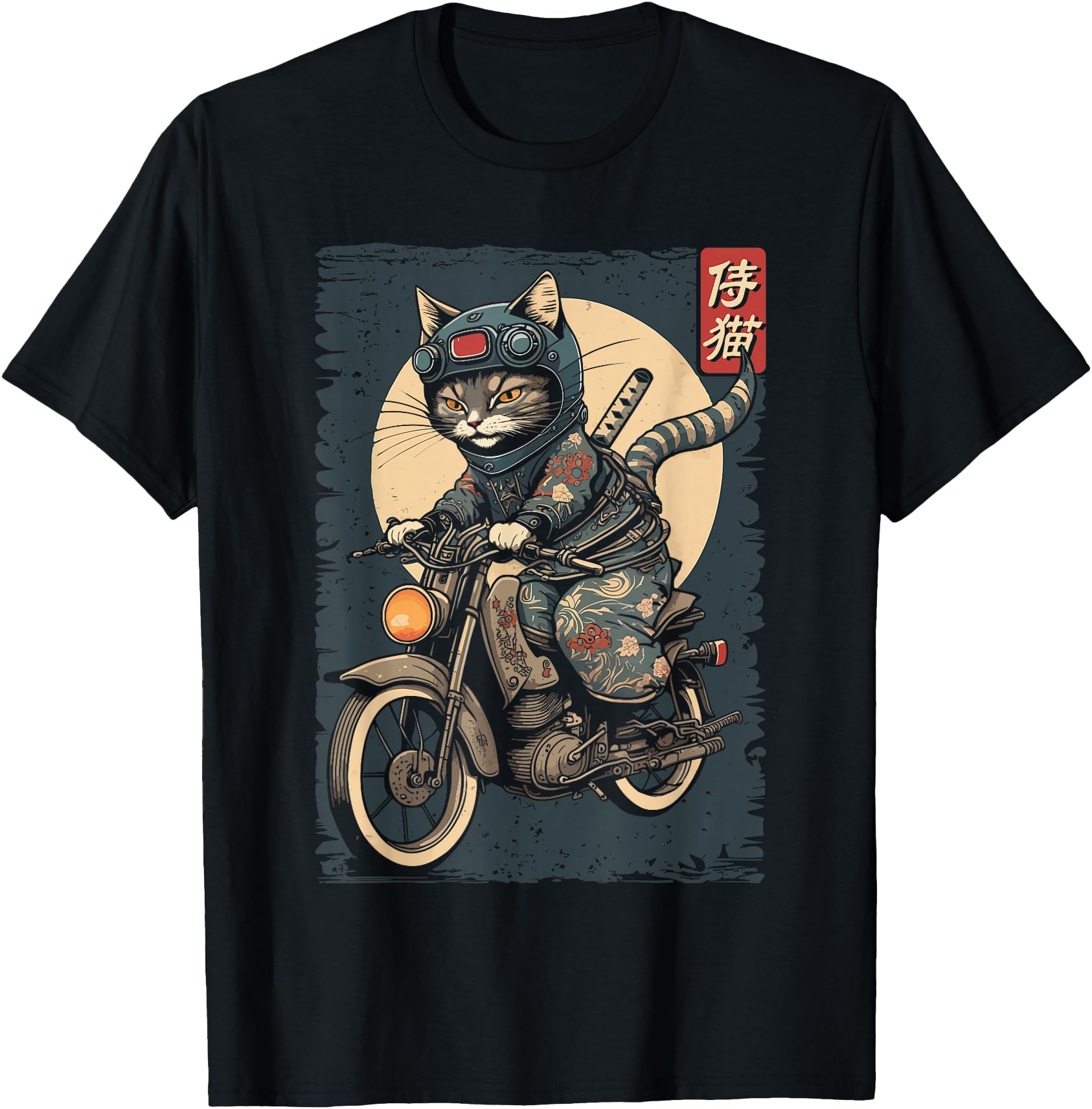 Japanese Samurai Cat Motorcycle T-Shirt - Custom Art Print Men Women - T-Shirt, Sweatshirt, Hoodie