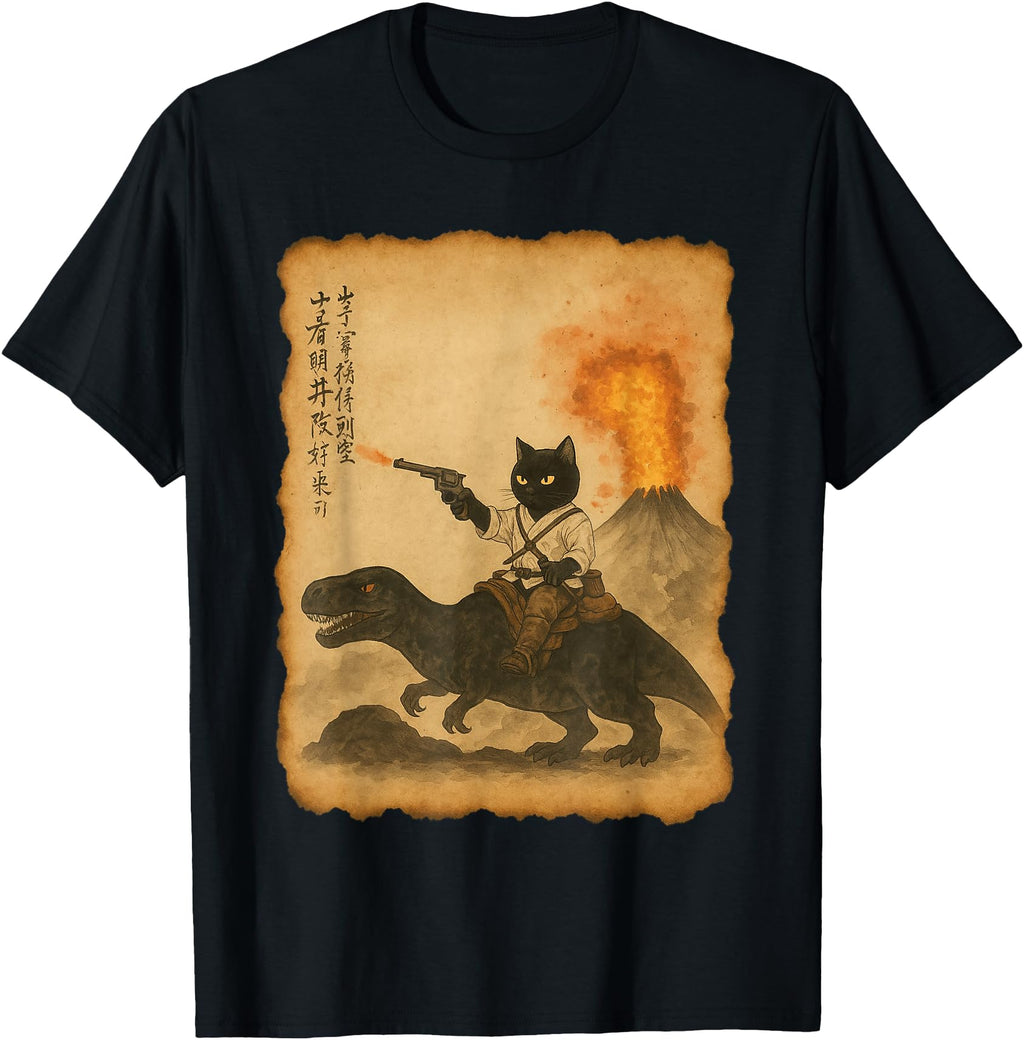 Original Black Cat Samurai Riding T-Shirt - Custom Art Print for Adults - T-Shirt, Sweatshirt, Hoodie