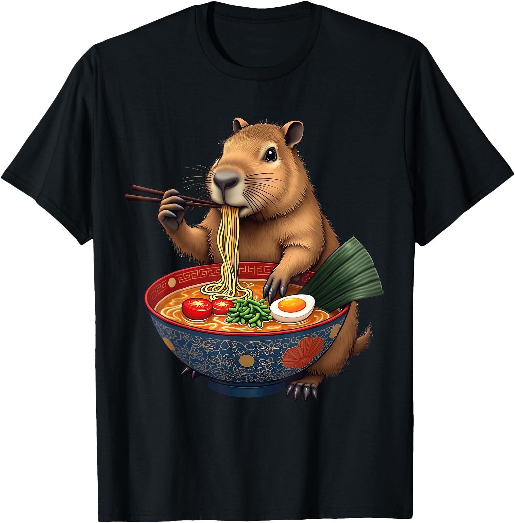 Kawaii Capybara Eating Ramen Noodles T-Shirt - Novelty Apparel for Adults - T-Shirt, Sweatshirt, Hoodie