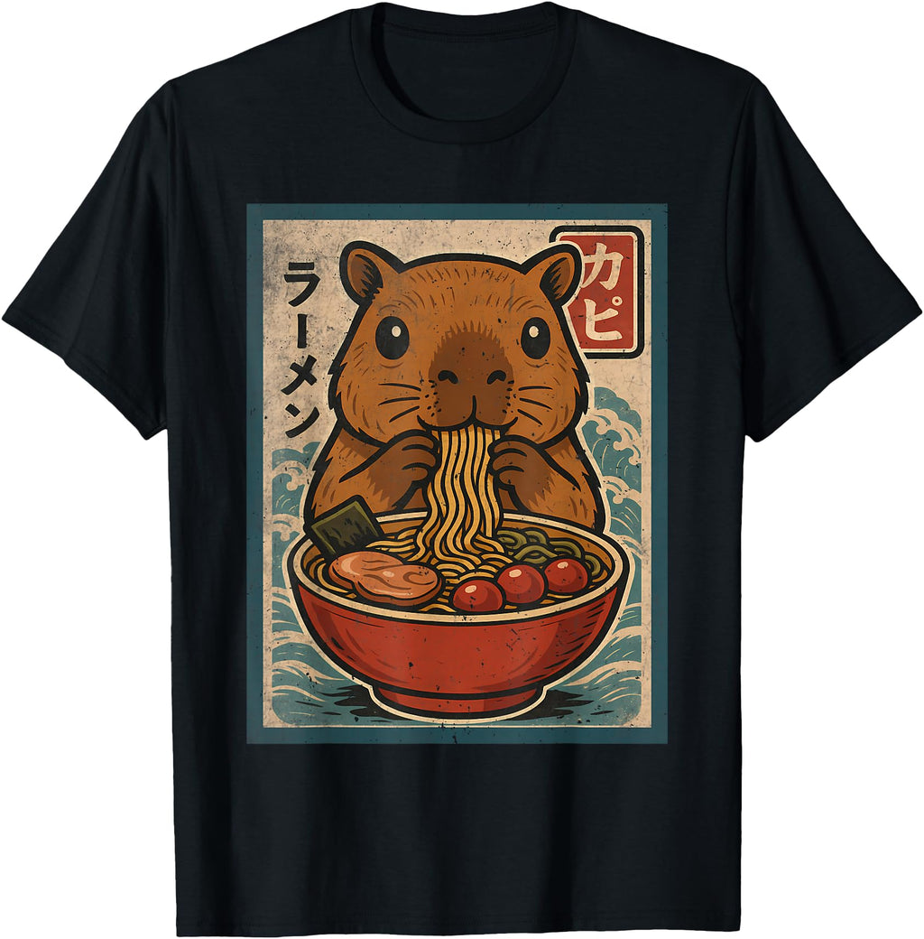 Kawaii Capybara Eating Ramen Noodles T-Shirt - Aesthetic Graphic Men Women - T-Shirt, Sweatshirt, Hoodie