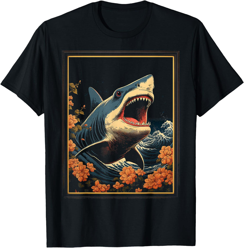 Shark Face Art Drawing Flowers T-Shirt - Casual Everyday Wear Unisex - T-Shirt, Sweatshirt, Hoodie