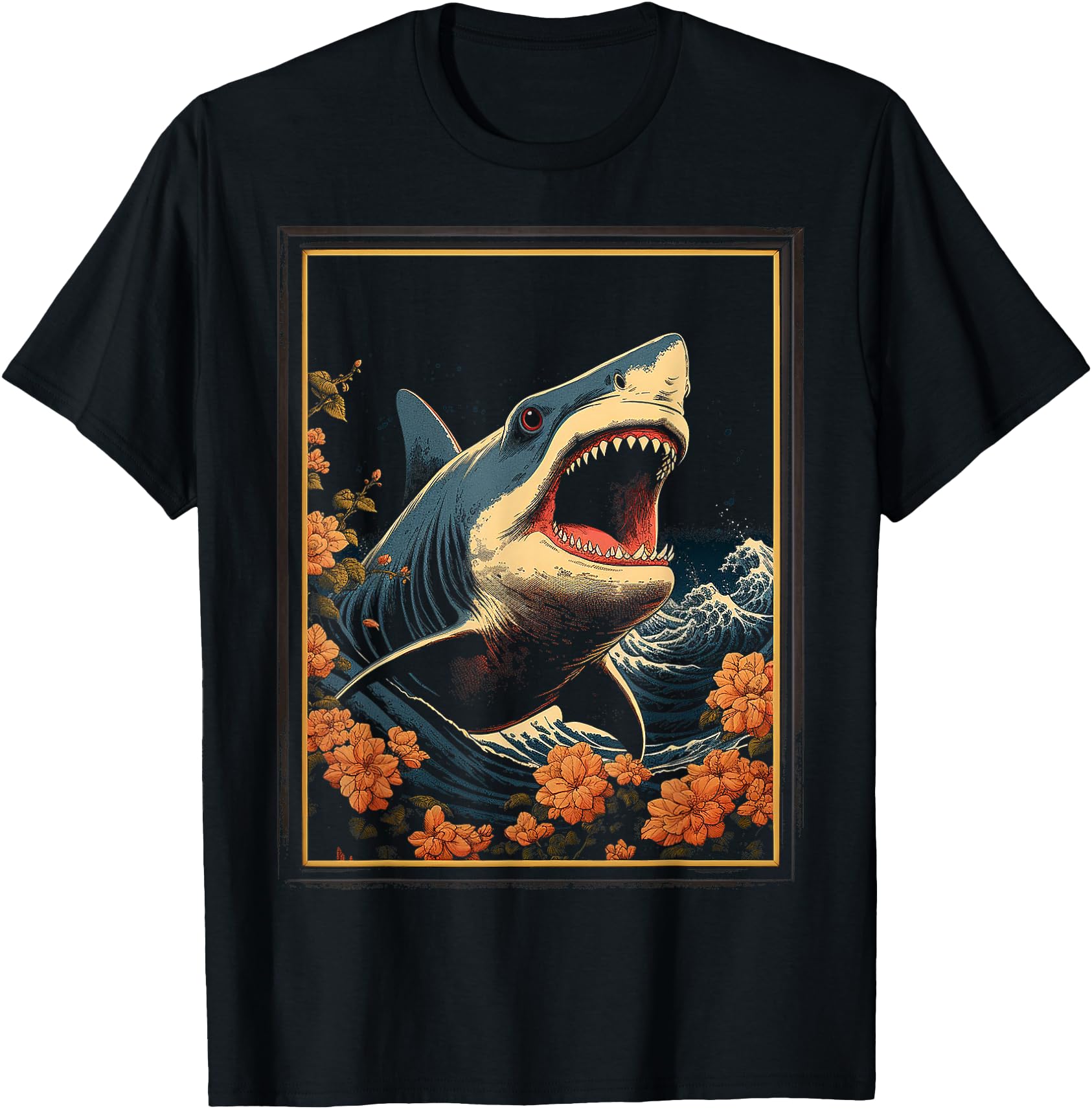 Shark Face Art Drawing Flowers T-Shirt - Casual Everyday Wear Unisex - T-Shirt, Sweatshirt, Hoodie