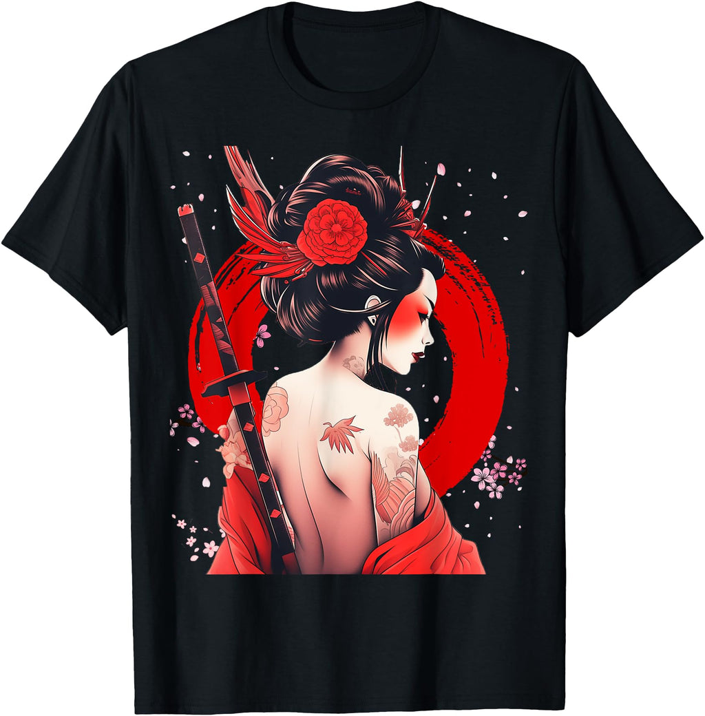Ancient Japanese Geisha Samurai Cherry T-Shirt - Unique Graphic Men Women - T-Shirt, Sweatshirt, Hoodie