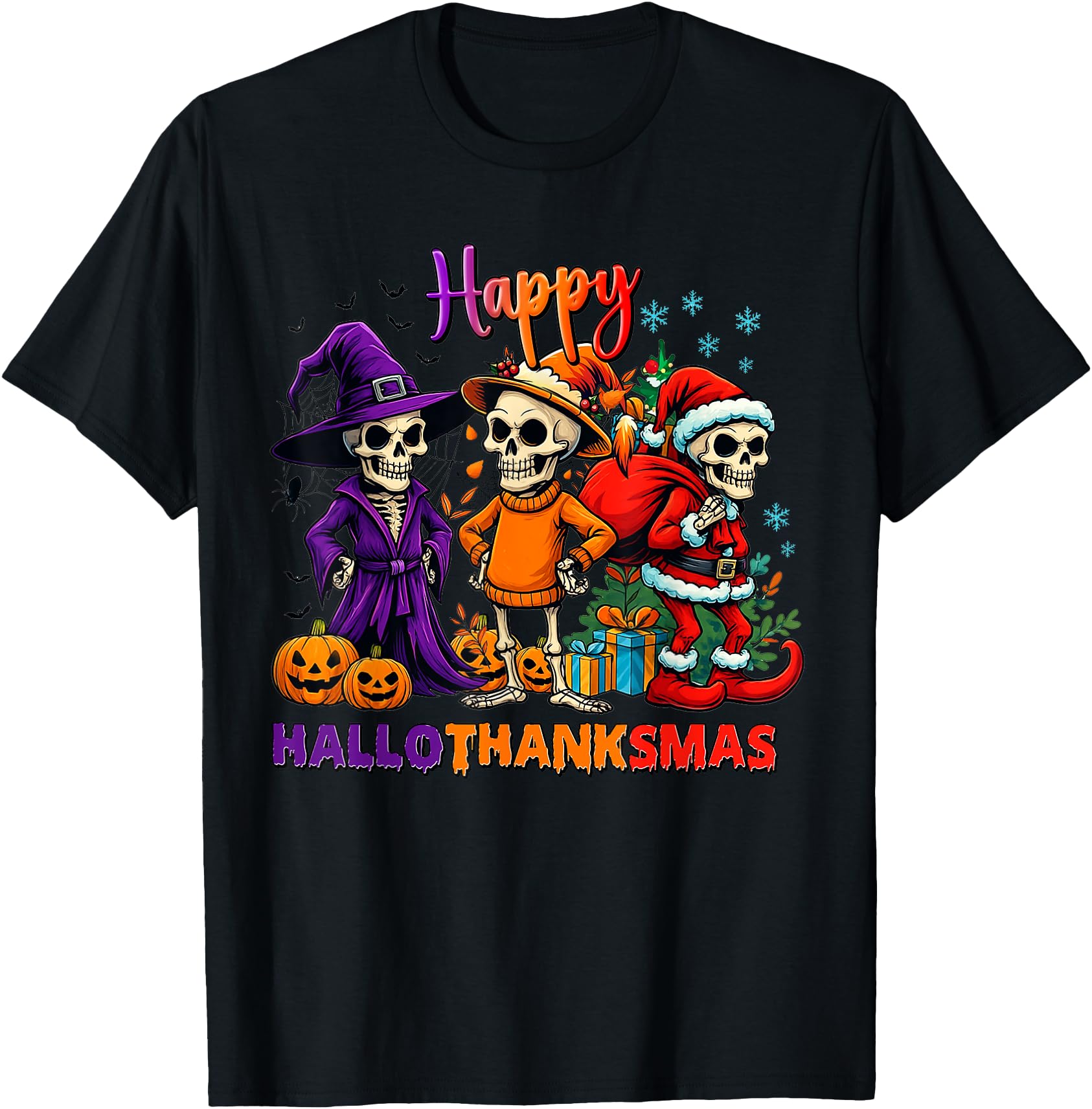 Authentic Happy Hallothanksmas Skeleton T-Shirt - Unique Graphic Men Women - T-Shirt, Sweatshirt, Hoodie