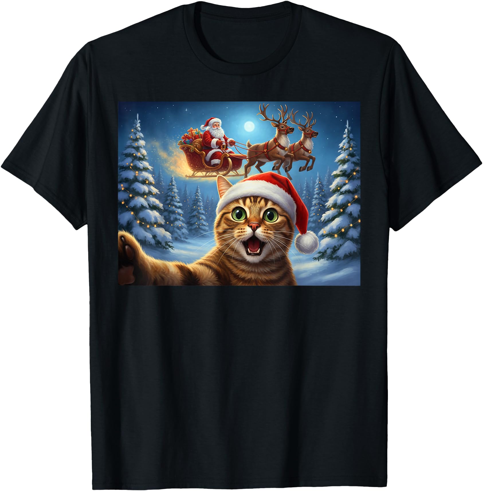 Handcrafted Cat Selfie Santa Claus T-Shirt - Casual Everyday Wear Unisex - T-Shirt, Sweatshirt, Hoodie