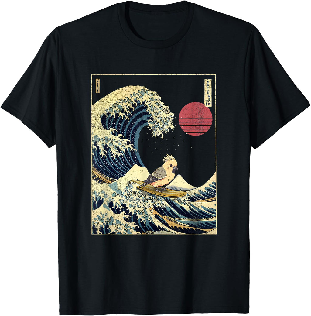 Cockatiel Bird Japanese Kanagawa Wave Hoodie - Aesthetic Graphic Unisex - T-Shirt, Sweatshirt, Hoodie