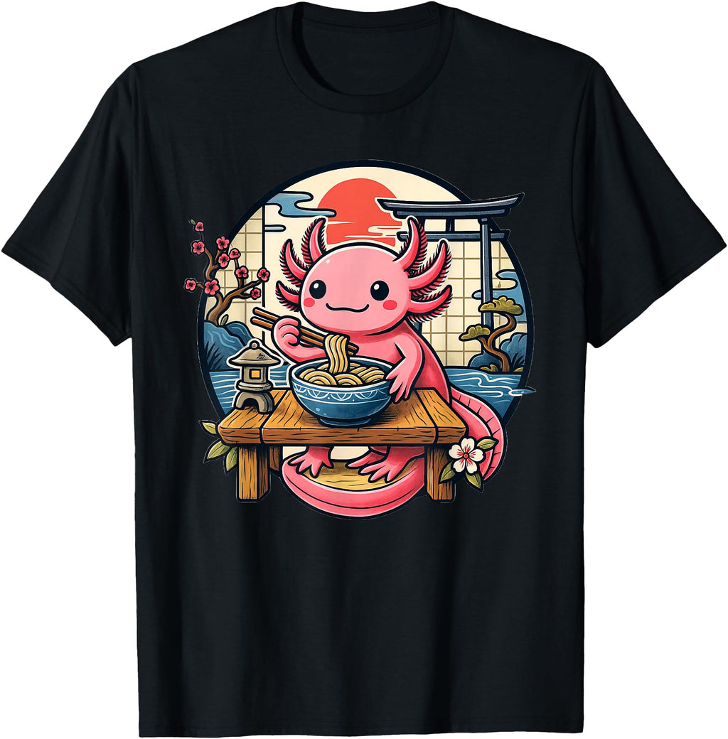 Authentic Kawaii Axolotl Eating Ramen T-Shirt - Unique Graphic Unisex - T-Shirt, Sweatshirt, Hoodie