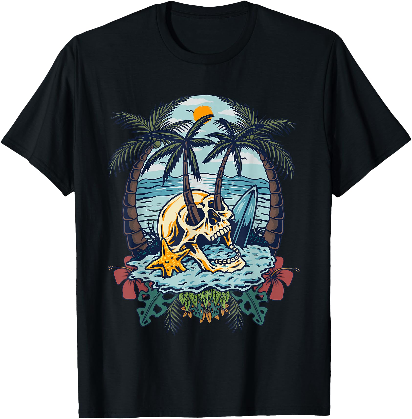 Handcrafted Palm Tree Skull Summer T-Shirt - Fun Novelty Design for Adults - T-Shirt, Sweatshirt, Hoodie