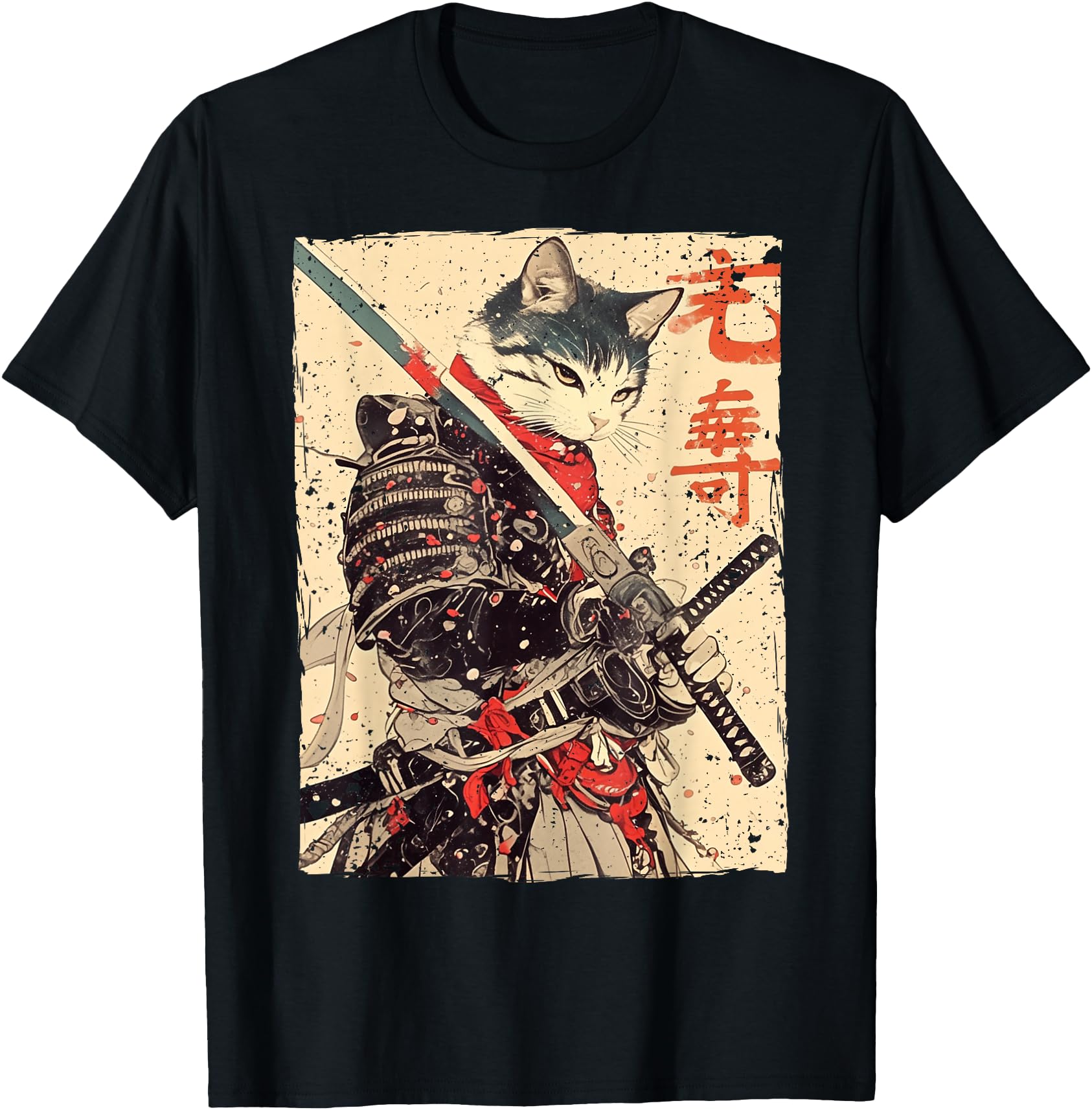 Handcrafted Samurai Cat Warrior T-Shirt - Aesthetic Graphic Men Women - T-Shirt, Sweatshirt, Hoodie