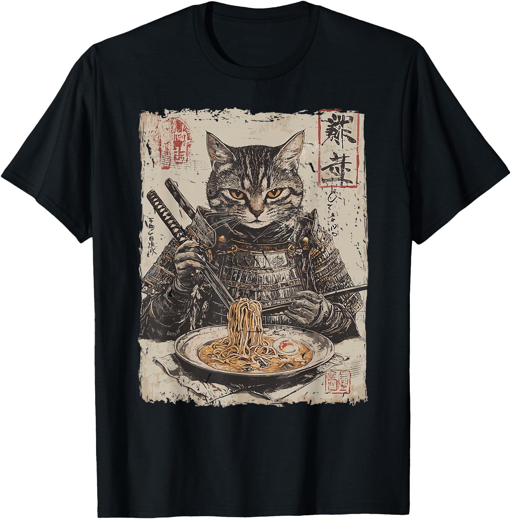 Samurai Cat Loves Ramen Anime Sweatshirt - Fun Novelty Design Unisex - T-Shirt, Sweatshirt, Hoodie