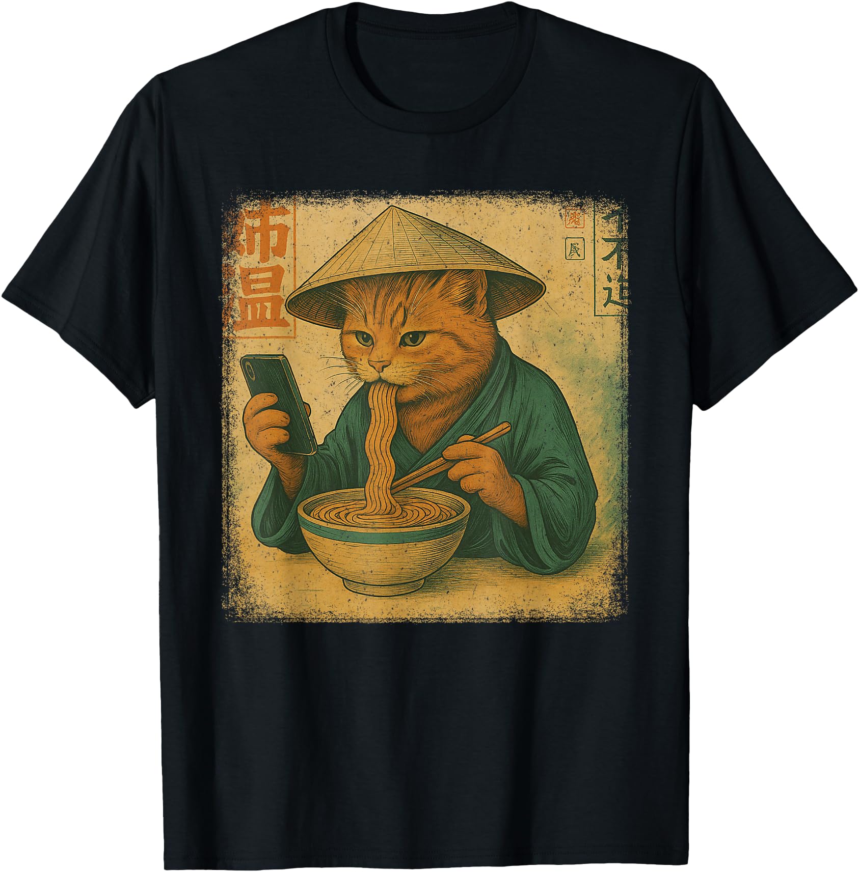 Japanese Cat Eat Ramen And Scroll Hoodie - Custom Art Print Men Women - T-Shirt, Sweatshirt, Hoodie