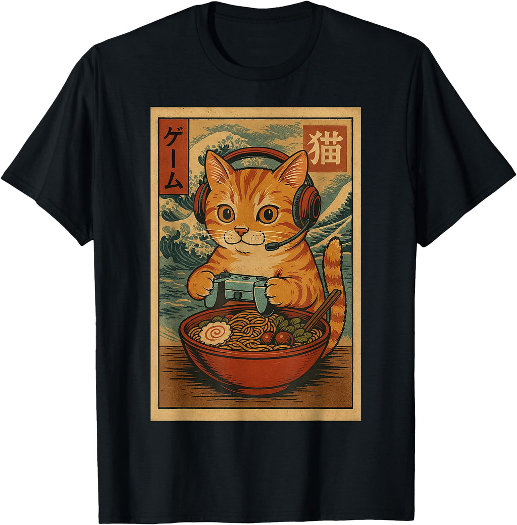 Kawaii Anime Gamer Cat Ramen Japanese T-Shirt - Graphic Print Men Women - T-Shirt, Sweatshirt, Hoodie