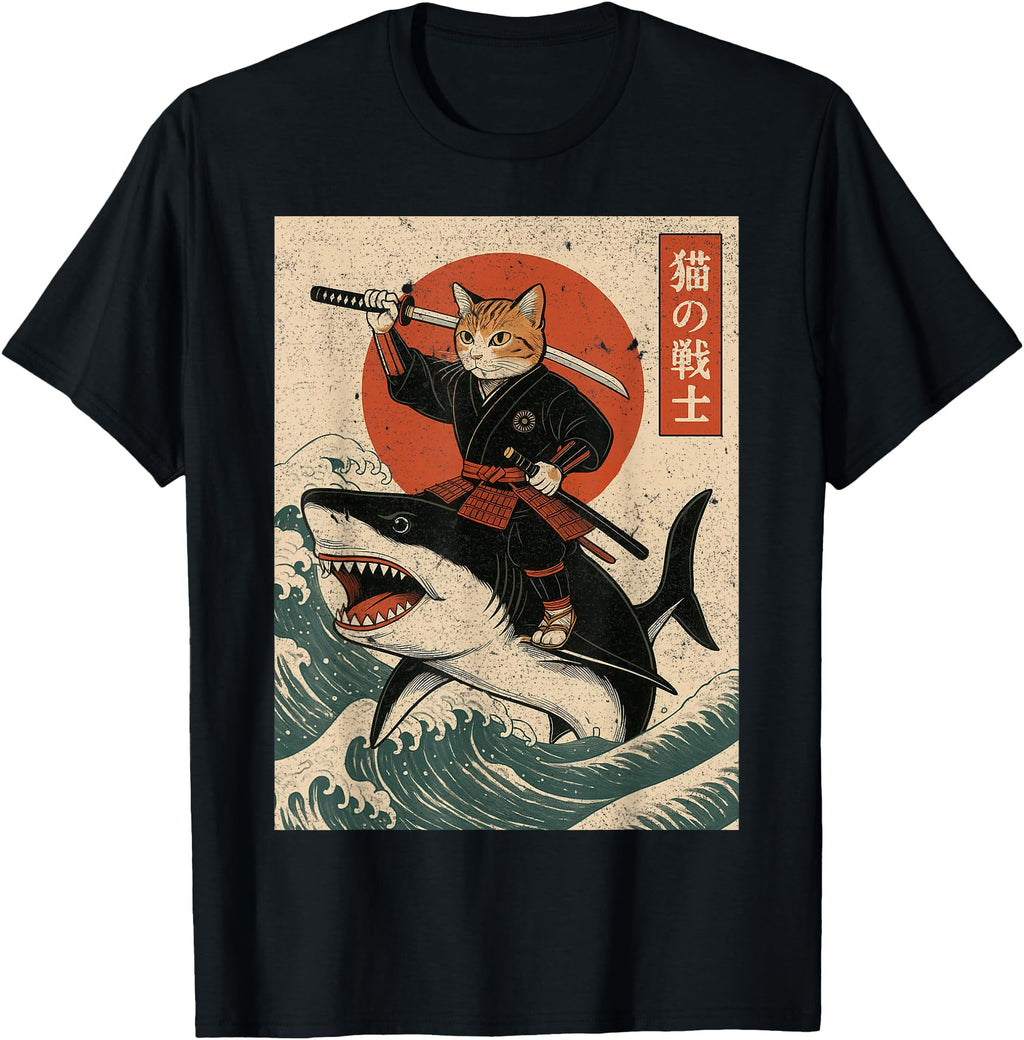 Anime Cat Japanese Samurai Cat Riding Shark T-Shirt - Graphic Print Unisex - T-Shirt, Sweatshirt, Hoodie