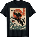 Anime Cat Japanese Samurai Cat Riding Shark T-Shirt - Graphic Print Unisex - T-Shirt, Sweatshirt, Hoodie