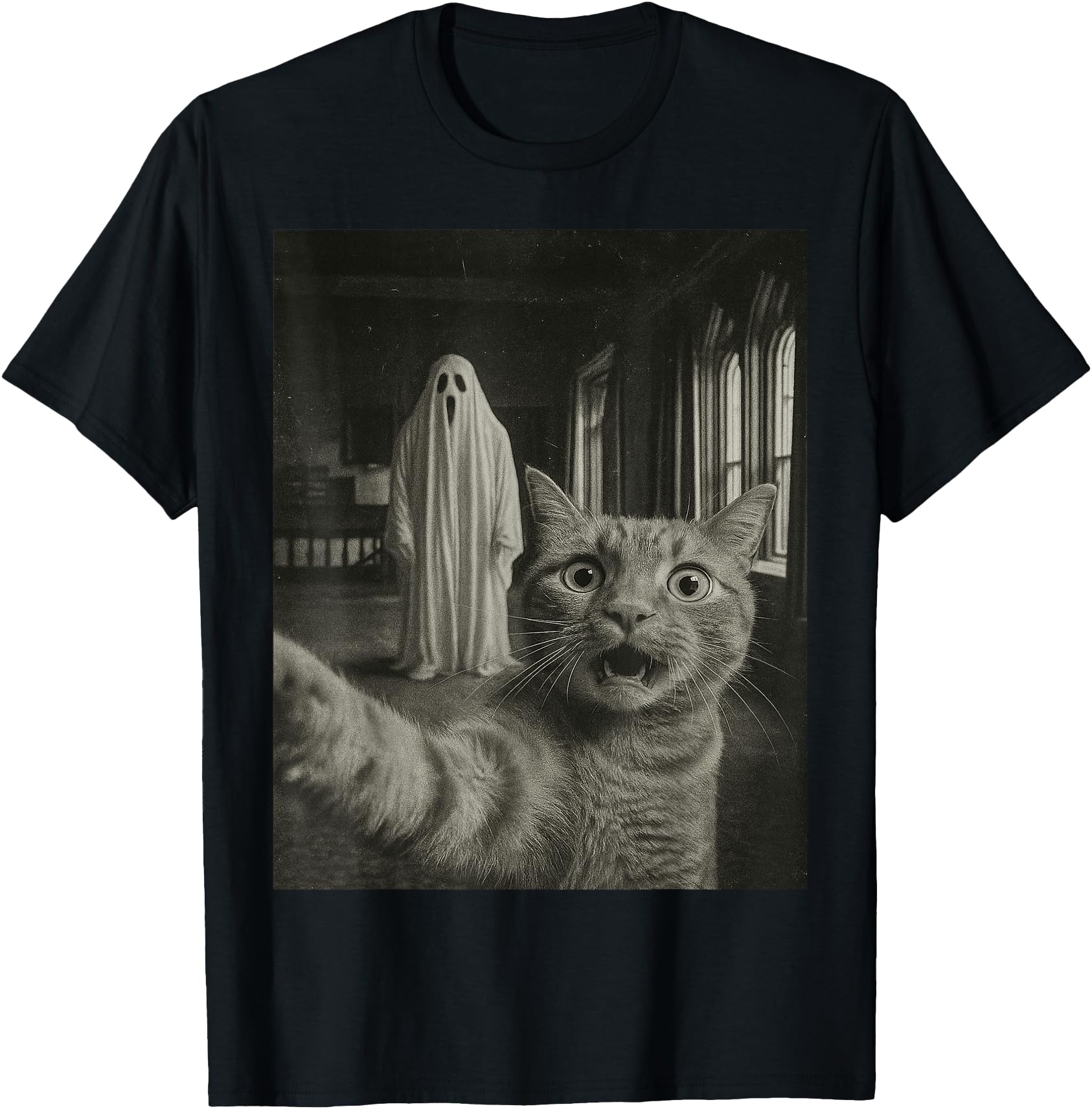 Haunted House Ghost Photo Tabby Cat Sweatshirt - Streetwear Style Unisex - T-Shirt, Sweatshirt, Hoodie