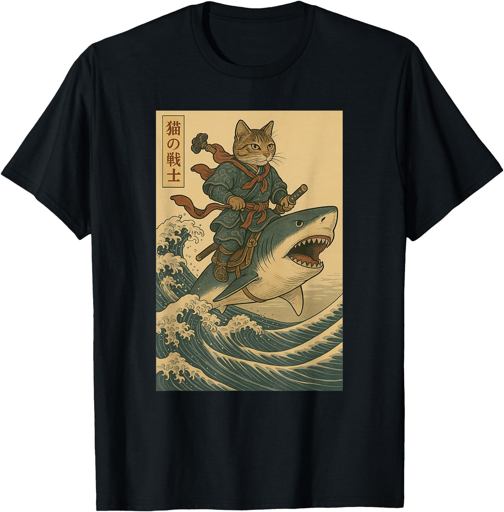 Anime Cat Japanese Samurai Cat Riding T-Shirt - Novelty Apparel Unisex - T-Shirt, Sweatshirt, Hoodie