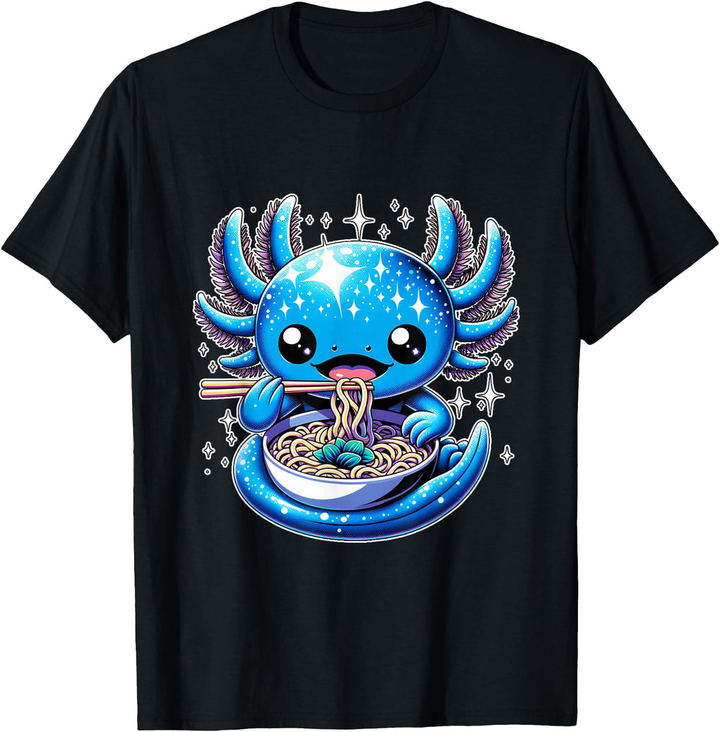 Kawaii Axolotl Eating Ramen Noodles T-Shirt - Custom Art Print Unisex - T-Shirt, Sweatshirt, Hoodie