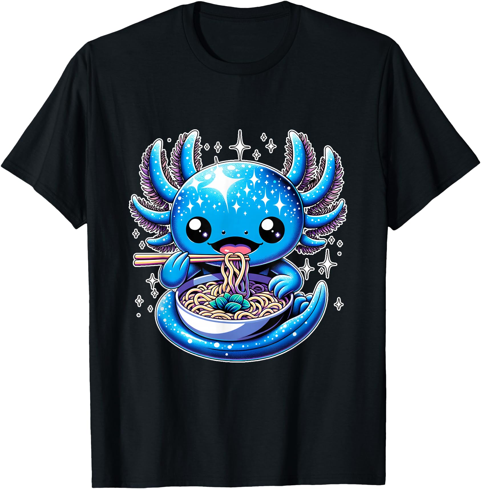 Kawaii Axolotl Eating Ramen Noodles T-Shirt - Custom Art Print Unisex - T-Shirt, Sweatshirt, Hoodie
