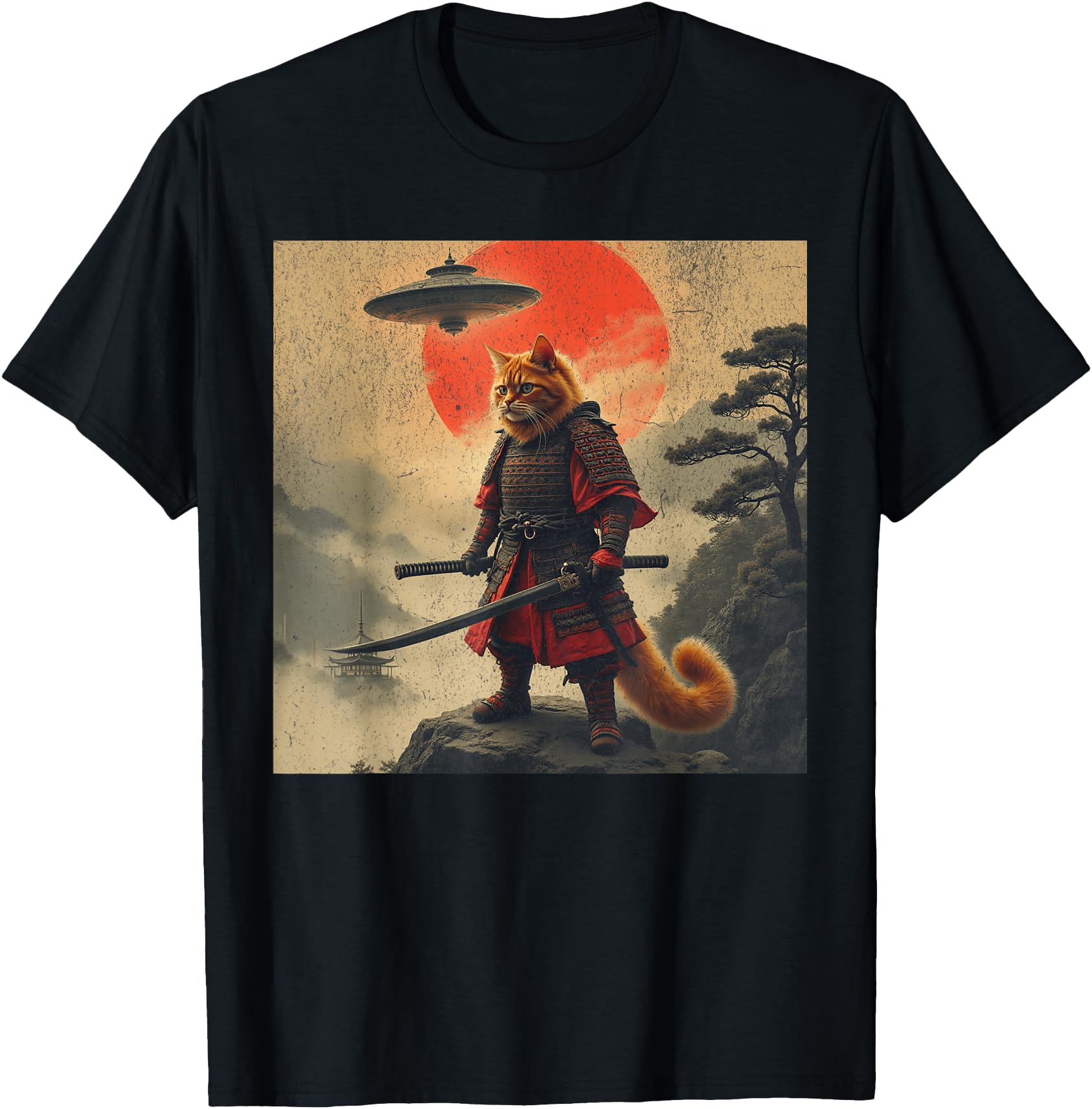Samurai Orange Cat Warrior Japanese Ufo Hoodie - Novelty Apparel Unisex - T-Shirt, Sweatshirt, Hoodie