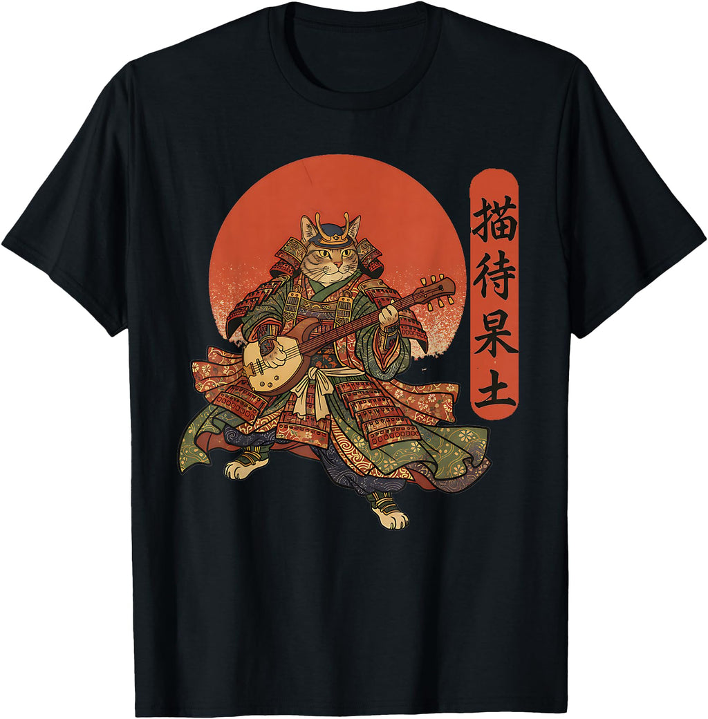 Japanese Samurai Cat Playing Guitar T-Shirt - Fun Novelty Design Unisex - T-Shirt, Sweatshirt, Hoodie