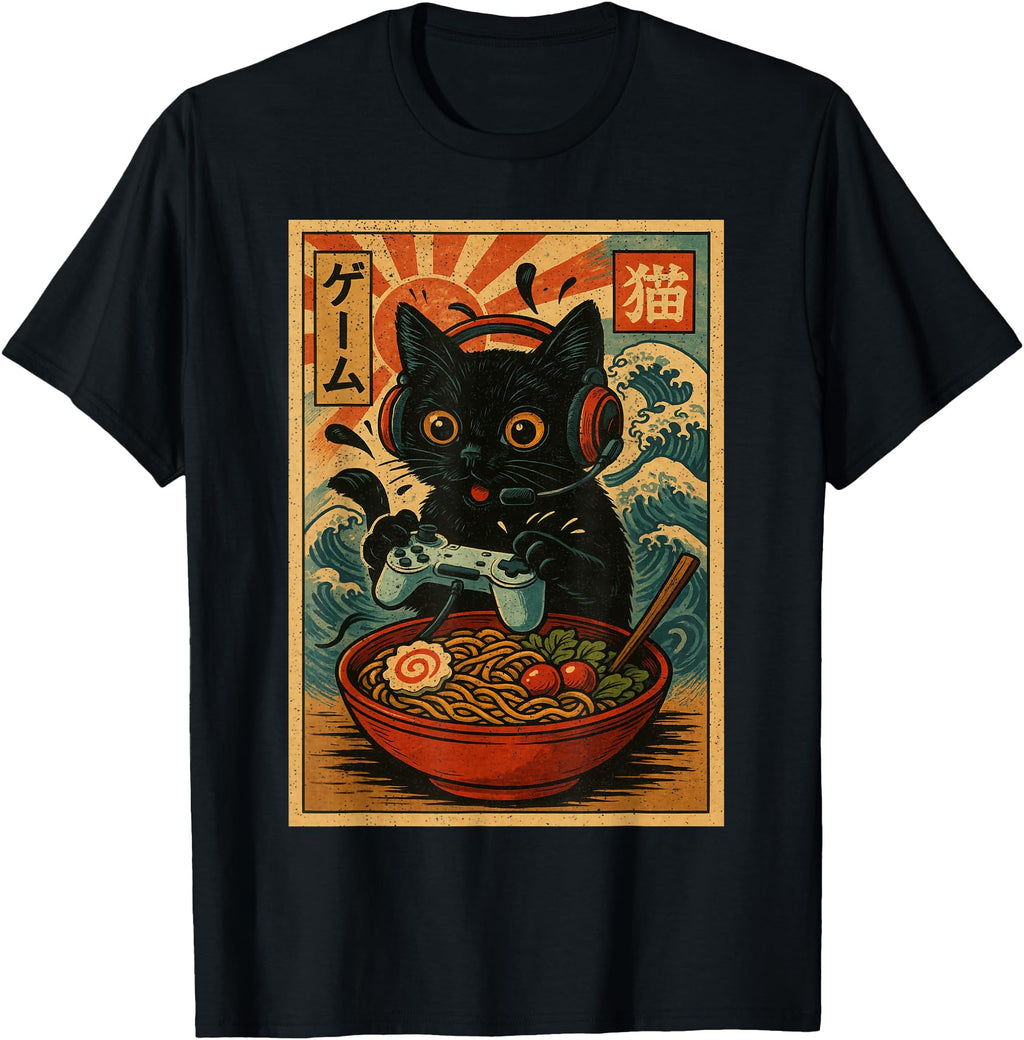 Original Kawaii Gamer Cat Ramen Japanese T-Shirt - Novelty Apparel Unisex - T-Shirt, Sweatshirt, Hoodie