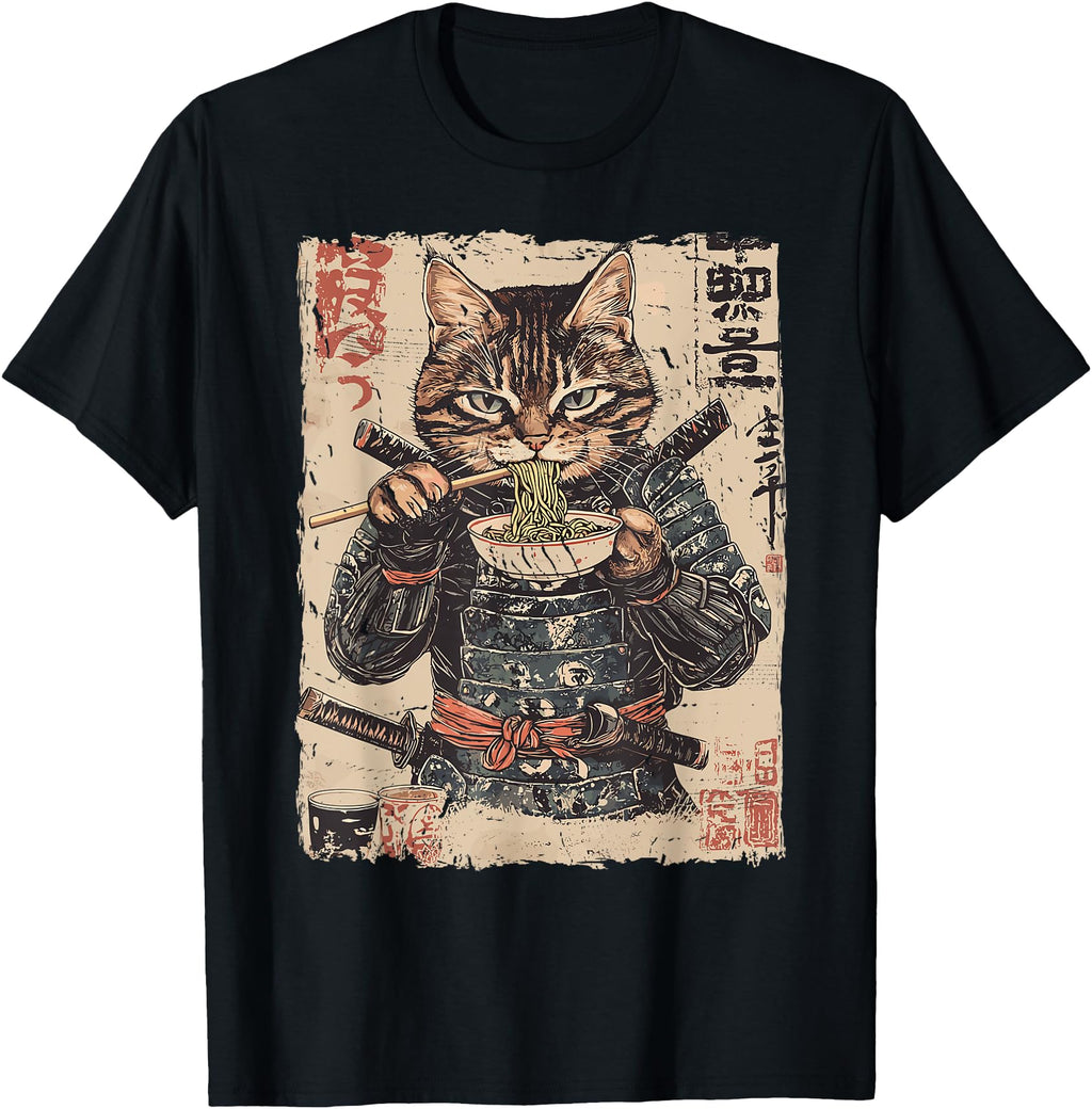 Samurai Cat Loves Ramen Anime Hoodie - Fun Novelty Design for Adults - T-Shirt, Sweatshirt, Hoodie