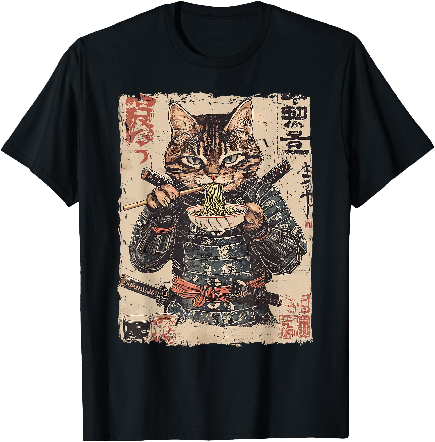 Samurai Cat Loves Ramen Anime Hoodie - Fun Novelty Design for Adults - T-Shirt, Sweatshirt, Hoodie