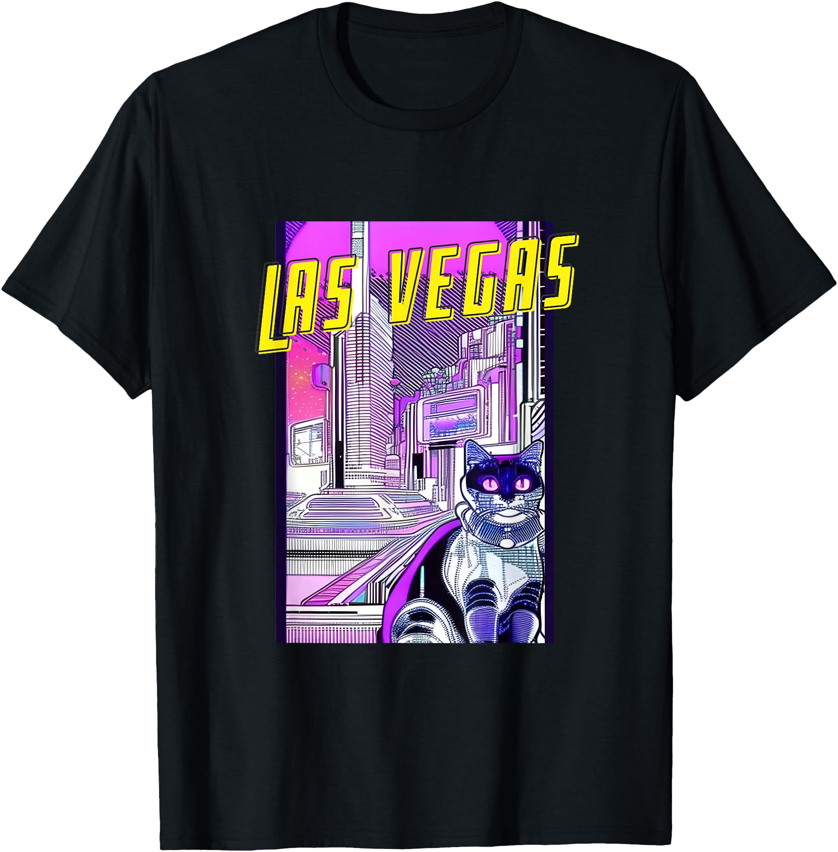 Original Las Vegas Cat Anime Cityscape T-Shirt - Graphic Print for Adults - T-Shirt, Sweatshirt, Hoodie