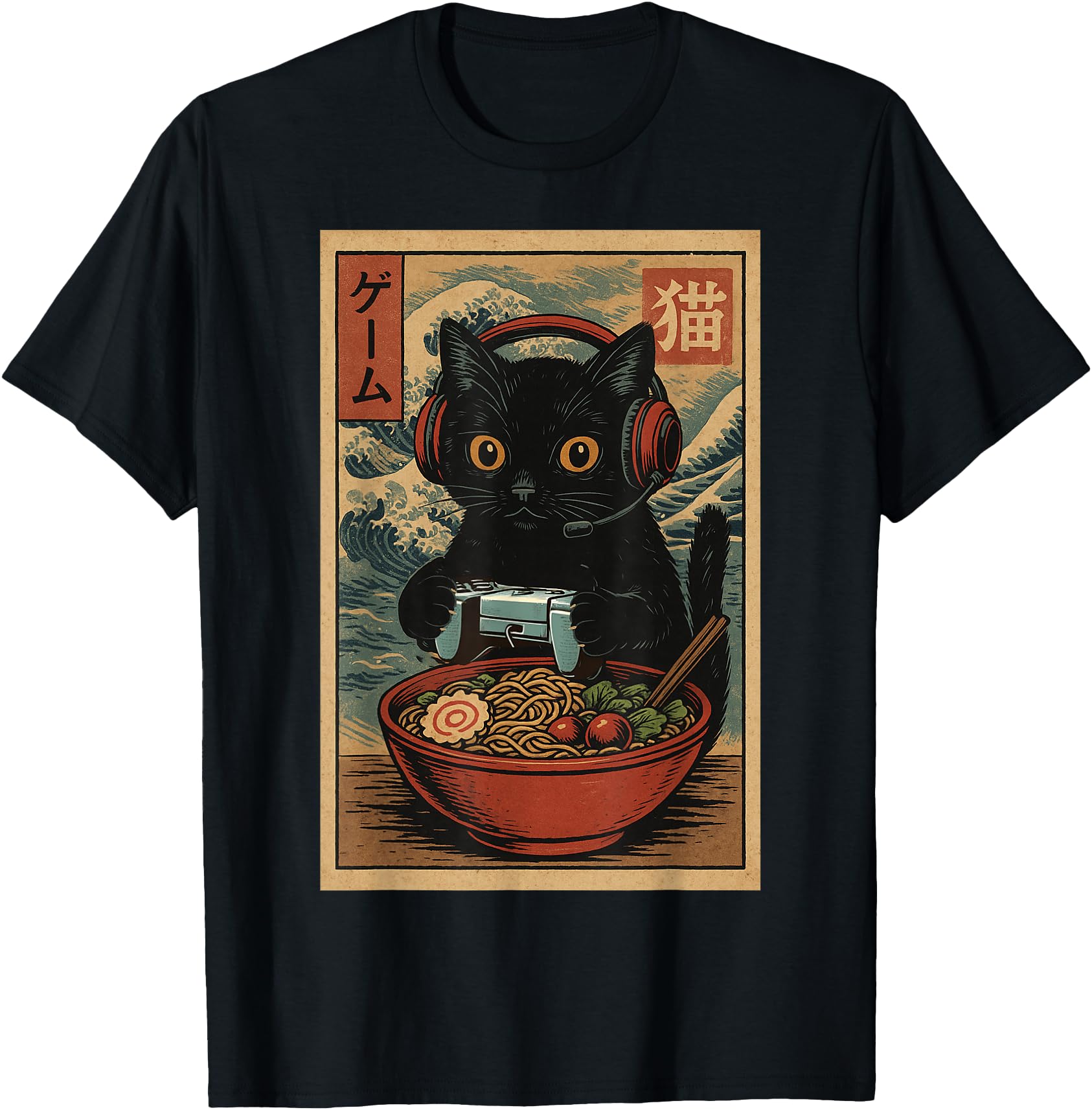 Kawaii Gamer Cat Ramen Japanese Cat Gaming Hoodie - Graphic Print Men Women - T-Shirt, Sweatshirt, Hoodie