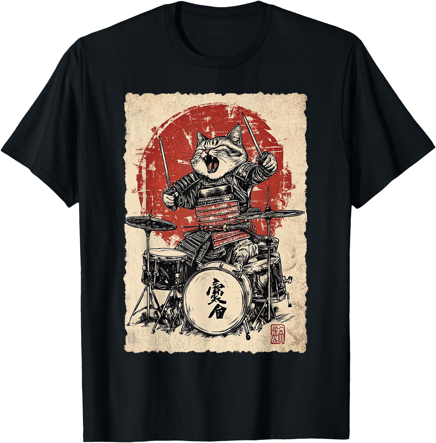 Japanese Music Samurai Cat Sweatshirt - Minimalist Print for Adults - T-Shirt, Sweatshirt, Hoodie
